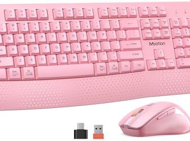 MEETION Wireless Keyboard and Mouse, Full-Sized Cordless Keyboard with Wrist Rest and 3 DPI Adjustable Mouse, 2.4G Wireless, Compatible with PC/Computer/Laptop/Windows/Mac, Pink