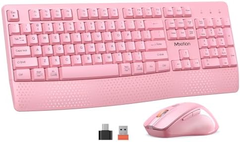 MEETION Wireless Keyboard and Mouse, Full-Sized Cordless Keyboard with Wrist Rest and 3 DPI Adjustable Mouse, 2.4G Wireless, Compatible with PC/Computer/Laptop/Windows/Mac, Pink