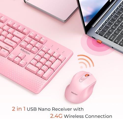 MEETION Wireless Keyboard and Mouse, Full-Sized Cordless Keyboard with Wrist Rest and 3 DPI Adjustable Mouse, 2.4G Wireless, Compatible with PC/Computer/Laptop/Windows/Mac, Pink - Image 2