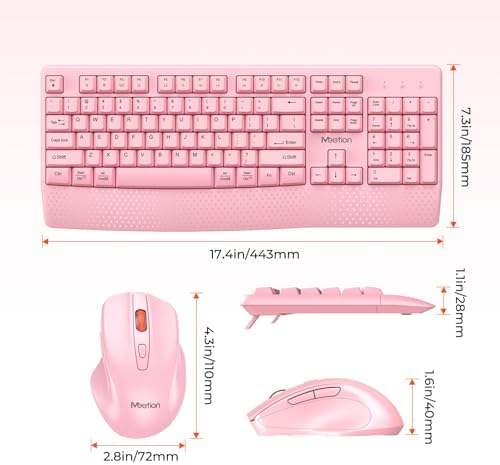 MEETION Wireless Keyboard and Mouse, Full-Sized Cordless Keyboard with Wrist Rest and 3 DPI Adjustable Mouse, 2.4G Wireless, Compatible with PC/Computer/Laptop/Windows/Mac, Pink - Image 6